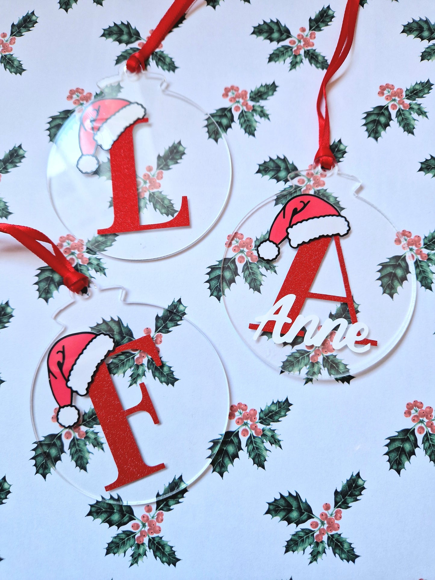 Personalised Christmas Bauble | Custom Letter & Name | Glittery Red Vinyl | Acrylic |