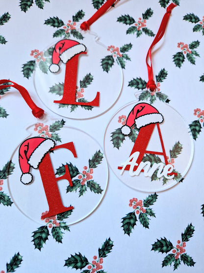 Personalised Christmas Bauble | Custom Letter & Name | Glittery Red Vinyl | Acrylic |