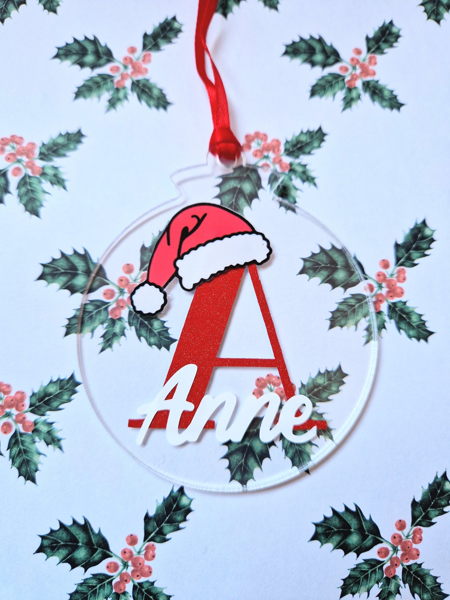 Personalised Christmas Bauble | Custom Letter & Name | Glittery Red Vinyl | Acrylic |