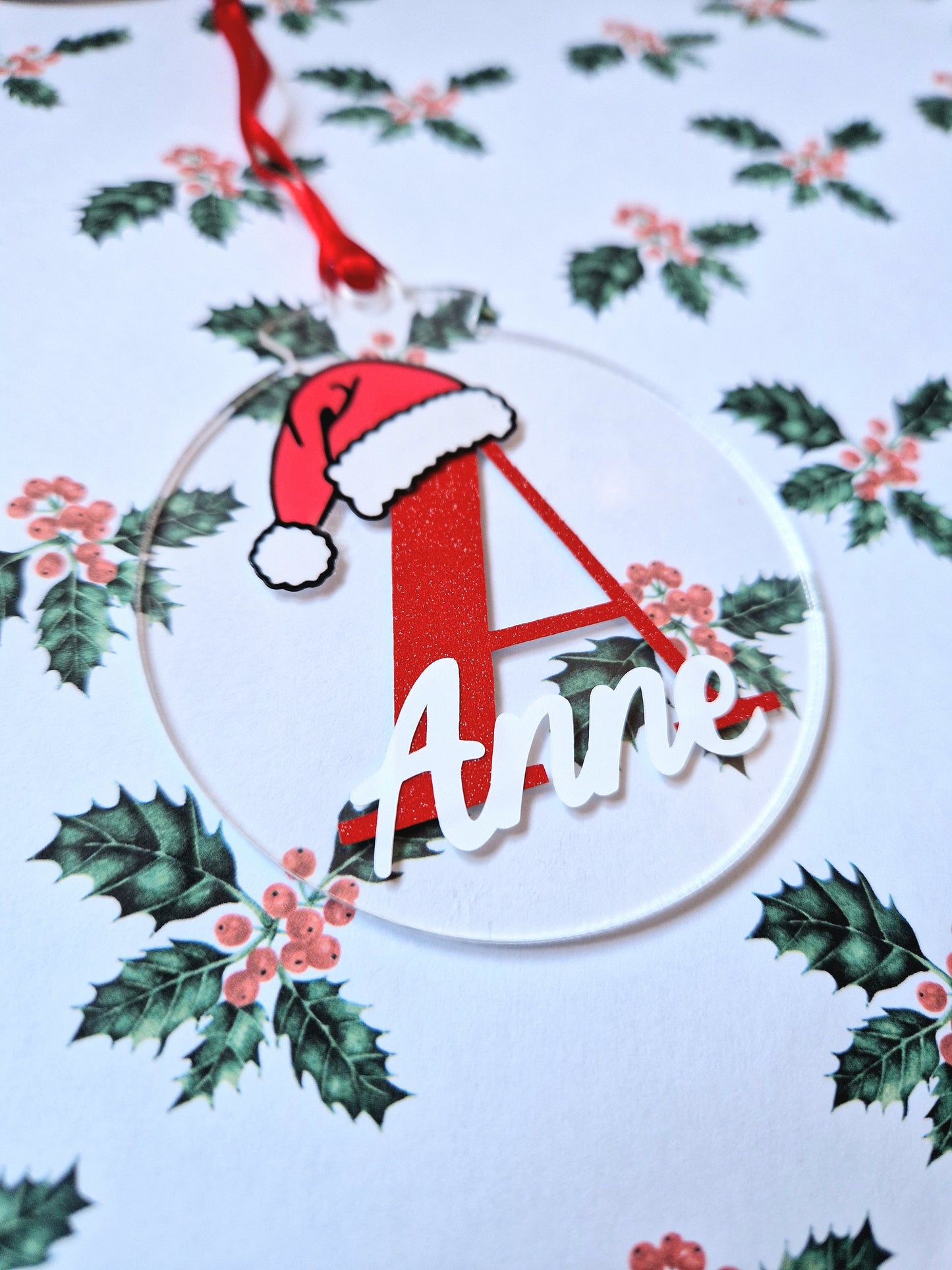 Personalised Christmas Bauble | Custom Letter & Name | Glittery Red Vinyl | Acrylic |