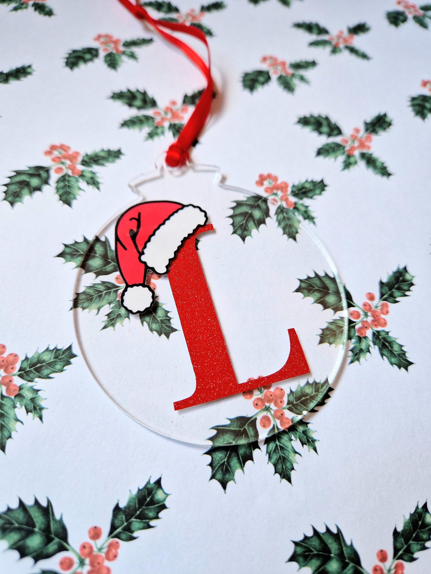 Personalised Christmas Bauble | Custom Letter & Name | Glittery Red Vinyl | Acrylic |