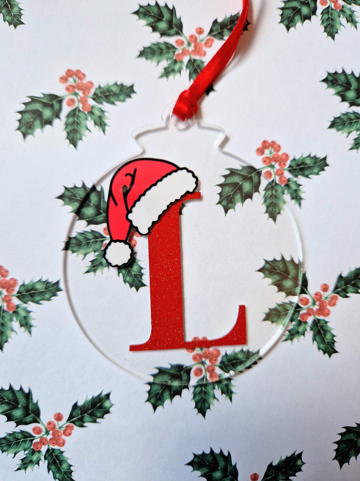 Personalised Christmas Bauble | Custom Letter & Name | Glittery Red Vinyl | Acrylic |