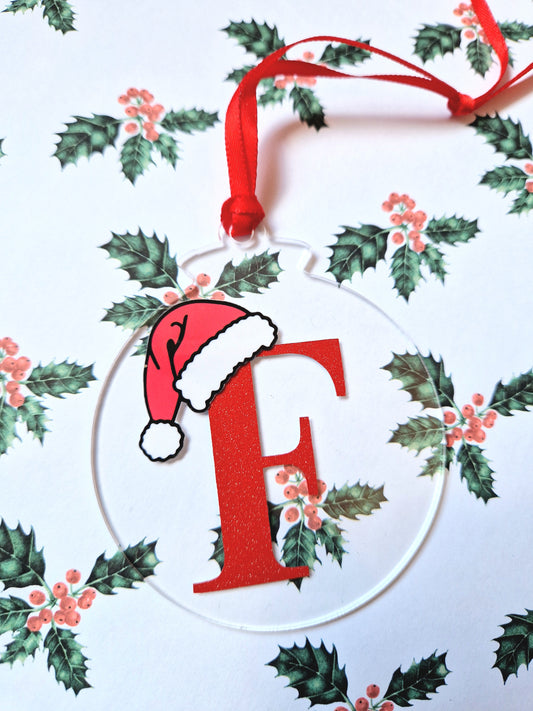 Personalised Christmas Bauble | Custom Letter & Name | Glittery Red Vinyl | Acrylic |