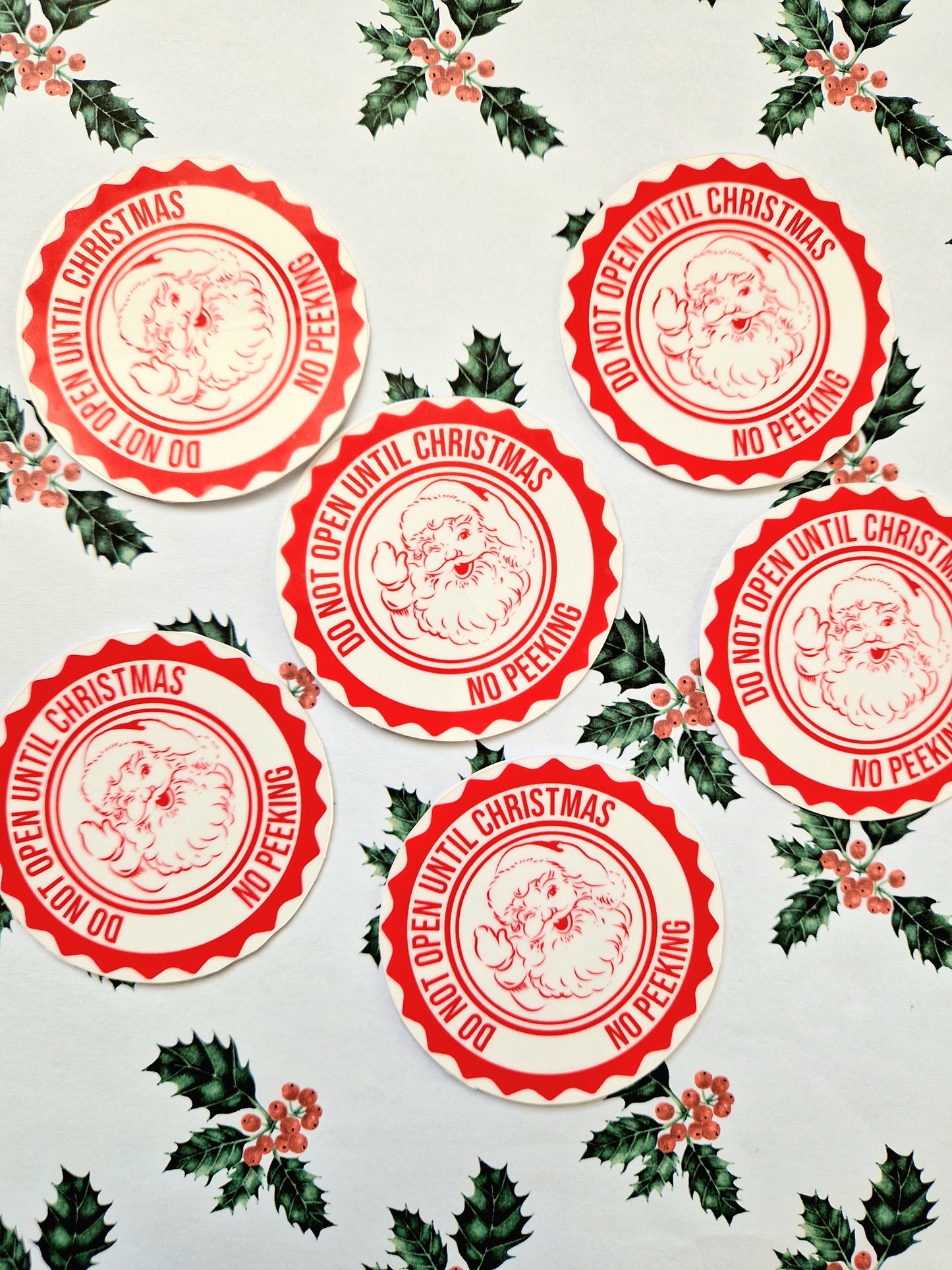 Don't Open Until Christmas Stickers | 6 Pack | Water Resistant Santa Sticker | Christmas Wrapping | Red & White |