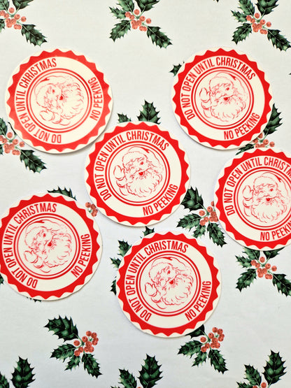 Don't Open Until Christmas Stickers | 6 Pack | Water Resistant Santa Sticker | Christmas Wrapping | Red & White |