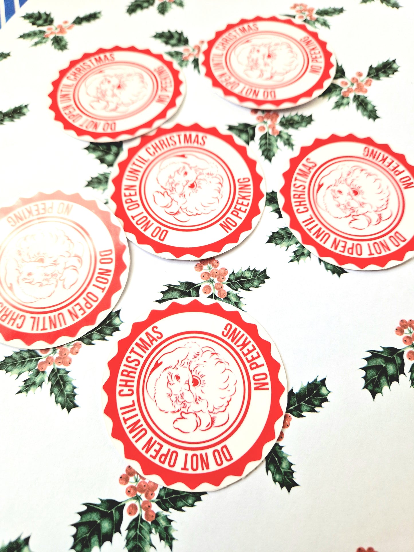 Don't Open Until Christmas Stickers | 6 Pack | Water Resistant Santa Sticker | Christmas Wrapping | Red & White |