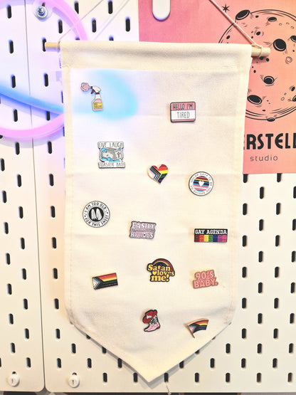 Pin Collection Display | Cream Linen With Wooden Spool | Premium Banner | Pin Holder | Pin Display | Fabric | Gift Idea | Home Décor | Gift