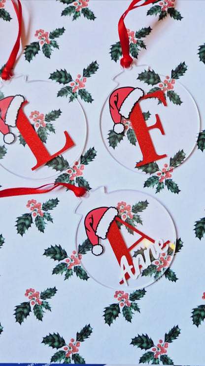 Personalised Christmas Bauble | Custom Letter & Name | Glittery Red Vinyl | Acrylic |