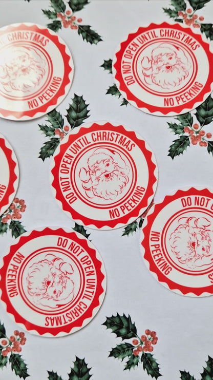 Don't Open Until Christmas Stickers | 6 Pack | Water Resistant Santa Sticker | Christmas Wrapping | Red & White |